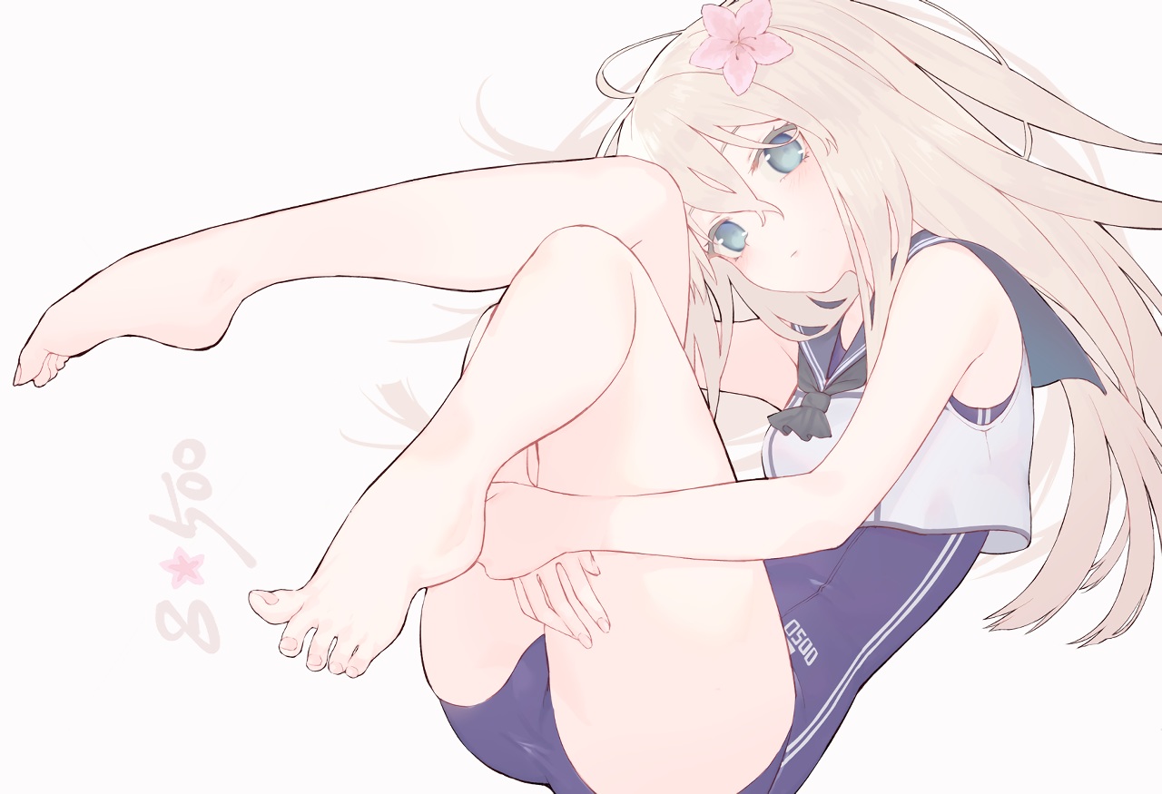 anthropomorphism, blonde_hair, blue_eyes, flowers, kantai_collection, long_hair, ro-500_(kancolle), school_swimsuit, spitfire99, swimsuit, waifu2x, white