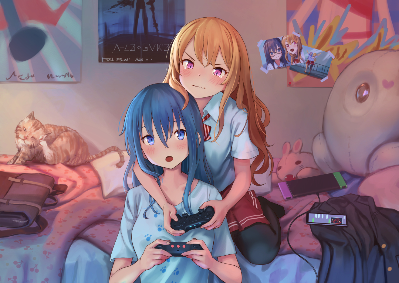 2girls, animal, bed, blue_eyes, blue_hair, blush, brown_hair, cat