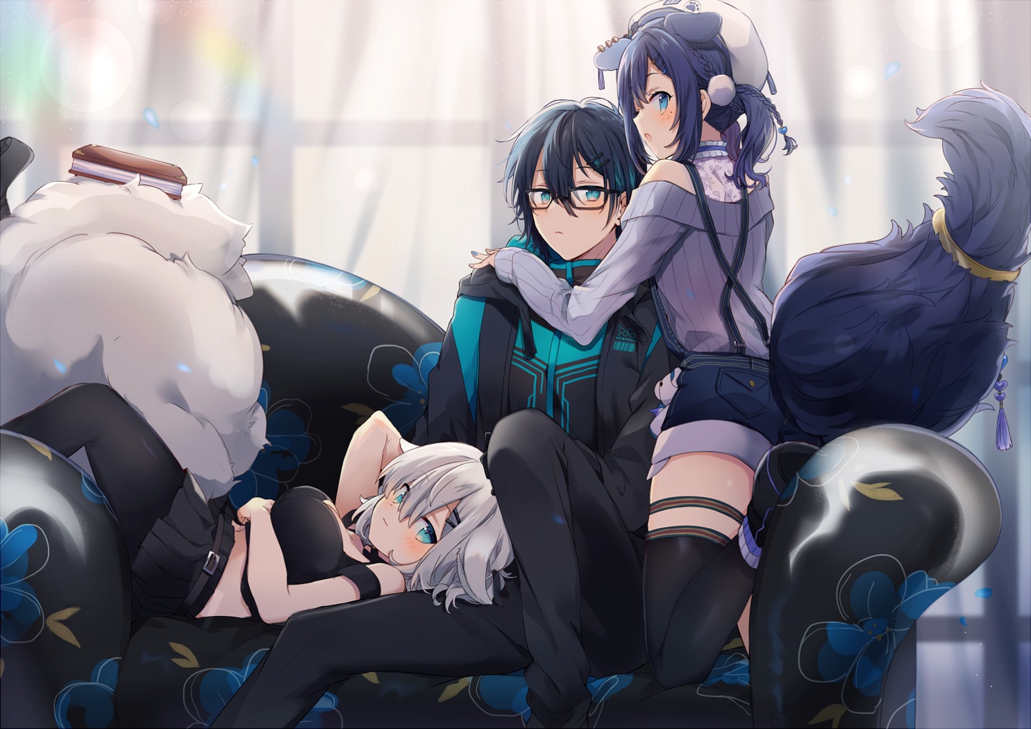 aiba_uiha, aqua_eyes, ars_almal, black_hair, blue_hair, blush, braids, breasts, couch, glasses, gray_hair, hat, male, mayuzumi_kai, nijisanji, pantyhose, shimada71_72, short_hair, shorts, skirt, tail, thighhighs