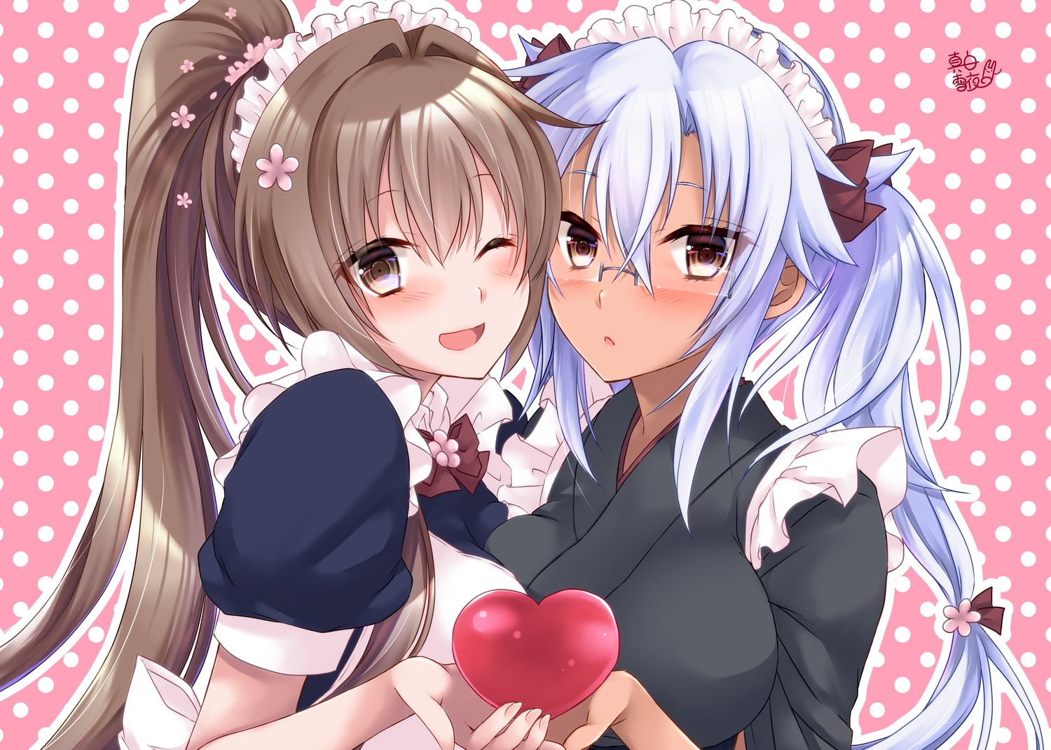 2girls, anthropomorphism, blush, breasts, brown_eyes, brown_hair, dark_skin, gray_hair