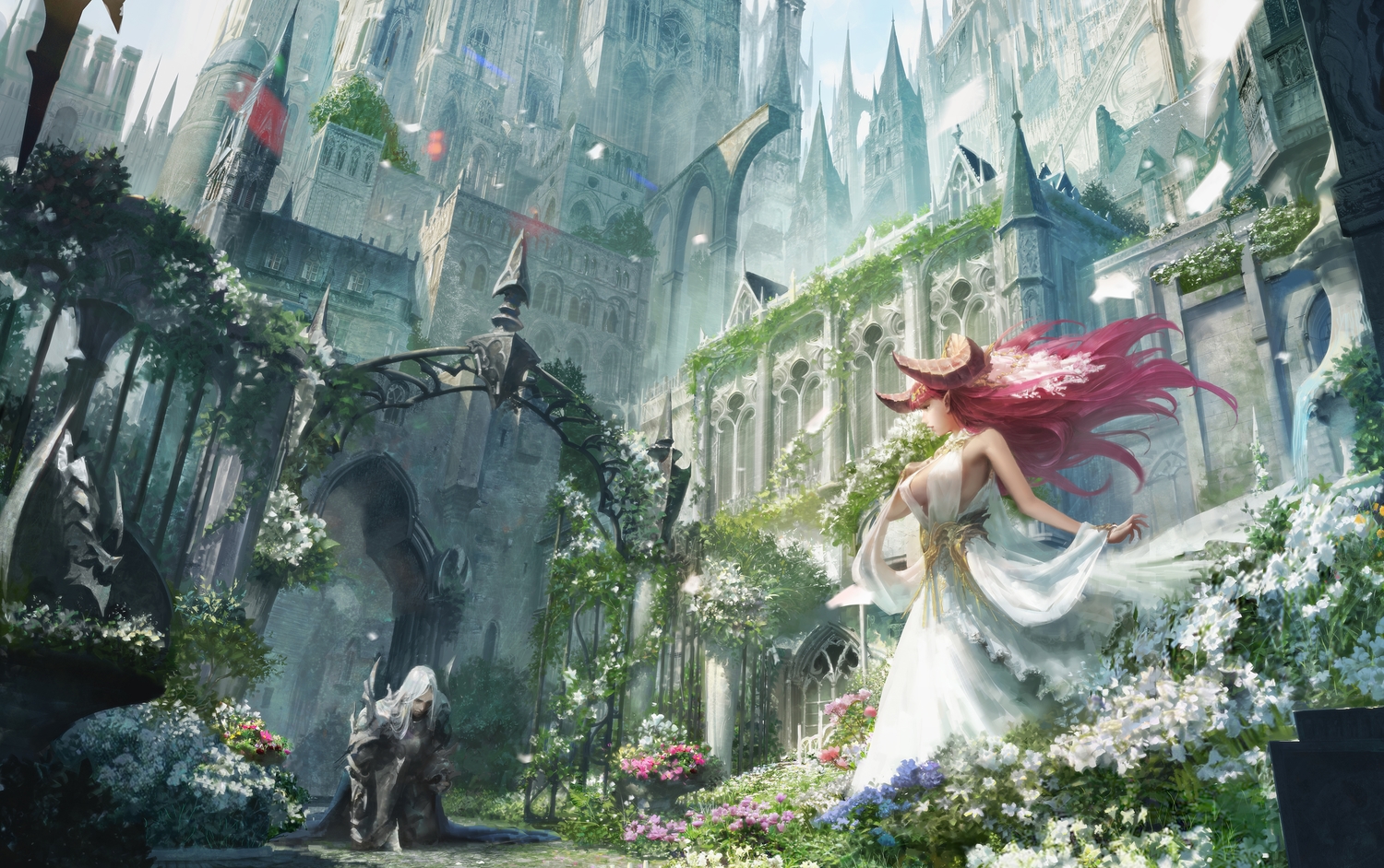 armor, building, dress, flowers, horns, male, original, puyoakira, scenic