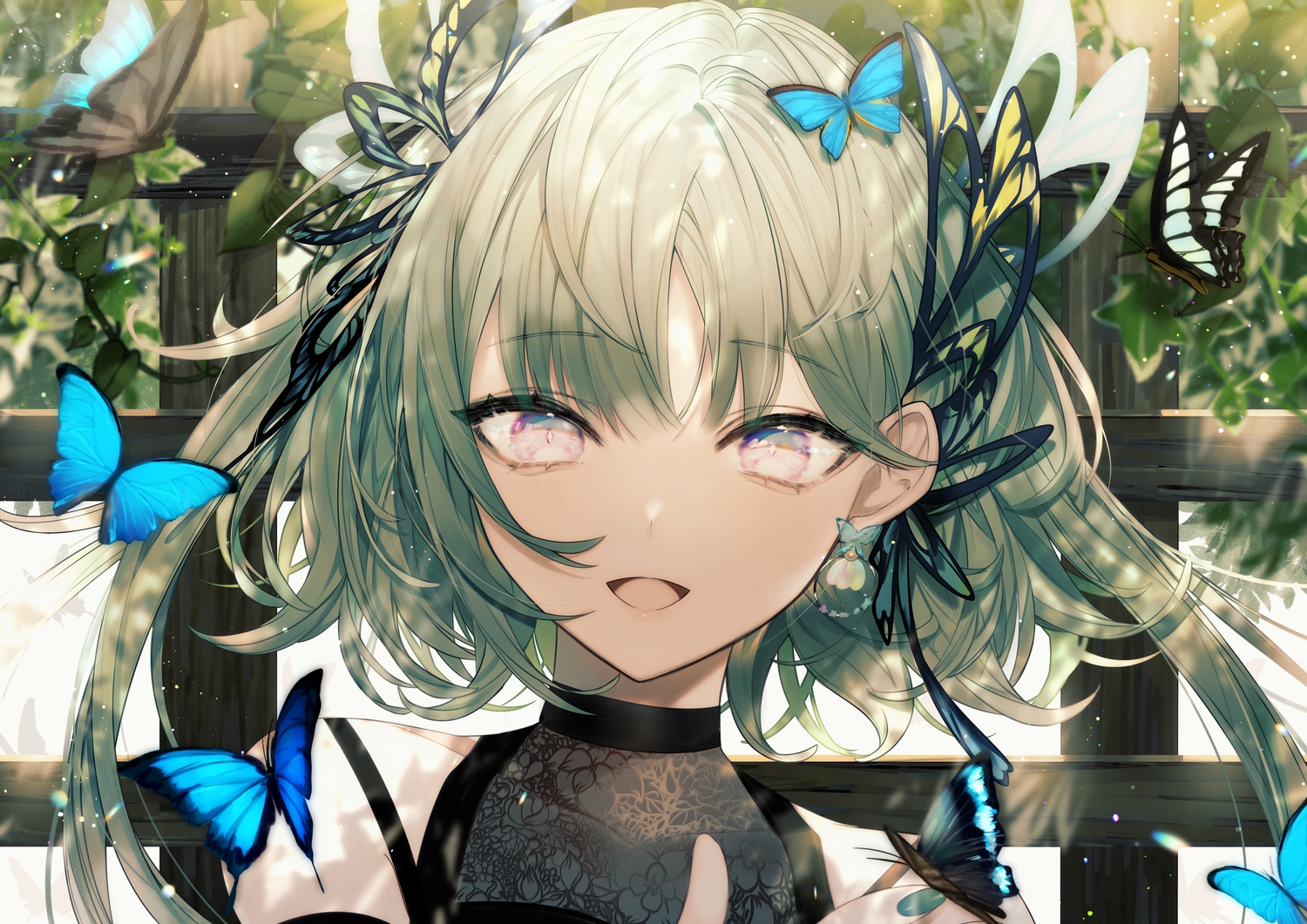 butterfly, close, daimaou_ruaeru, green_hair, original, pink_eyes, short_hair