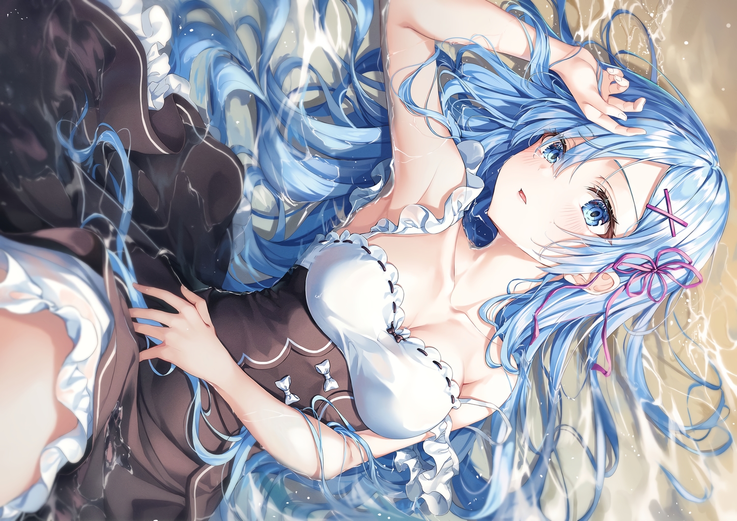 aqua_eyes, aqua_hair, breasts, cleavage, long_hair, maid, rem_(re:zero), re:zero_kara_hajimeru_isekai_seikatsu, r_o_ha, water