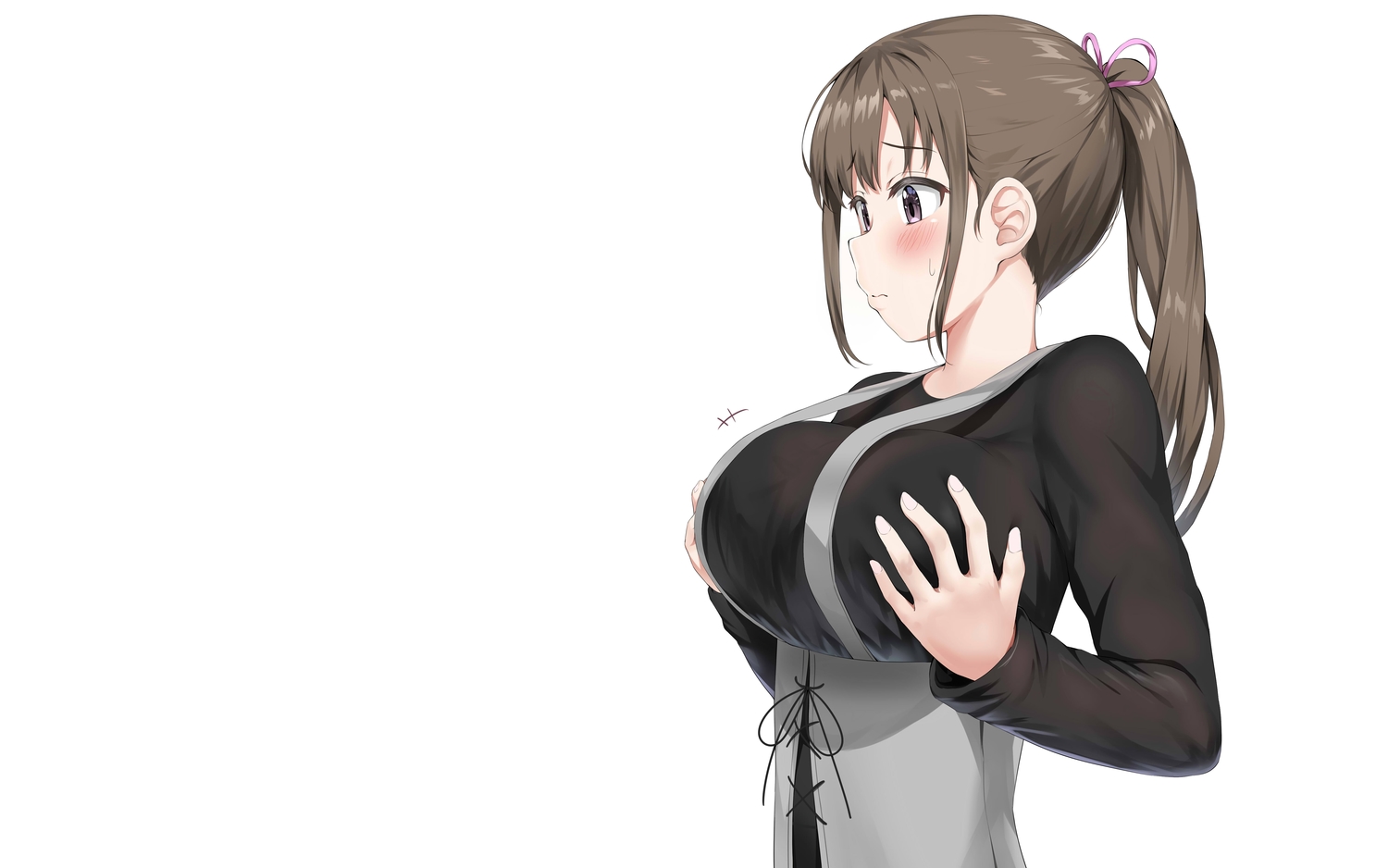 blush, breast_hold, brown_hair, long_hair, nedia_r, original, pink_eyes, ponytail