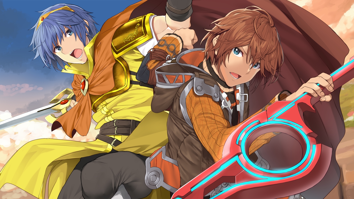 all_male, blue_eyes, blue_hair, brown_hair, cape, fire_emblem, headband, male