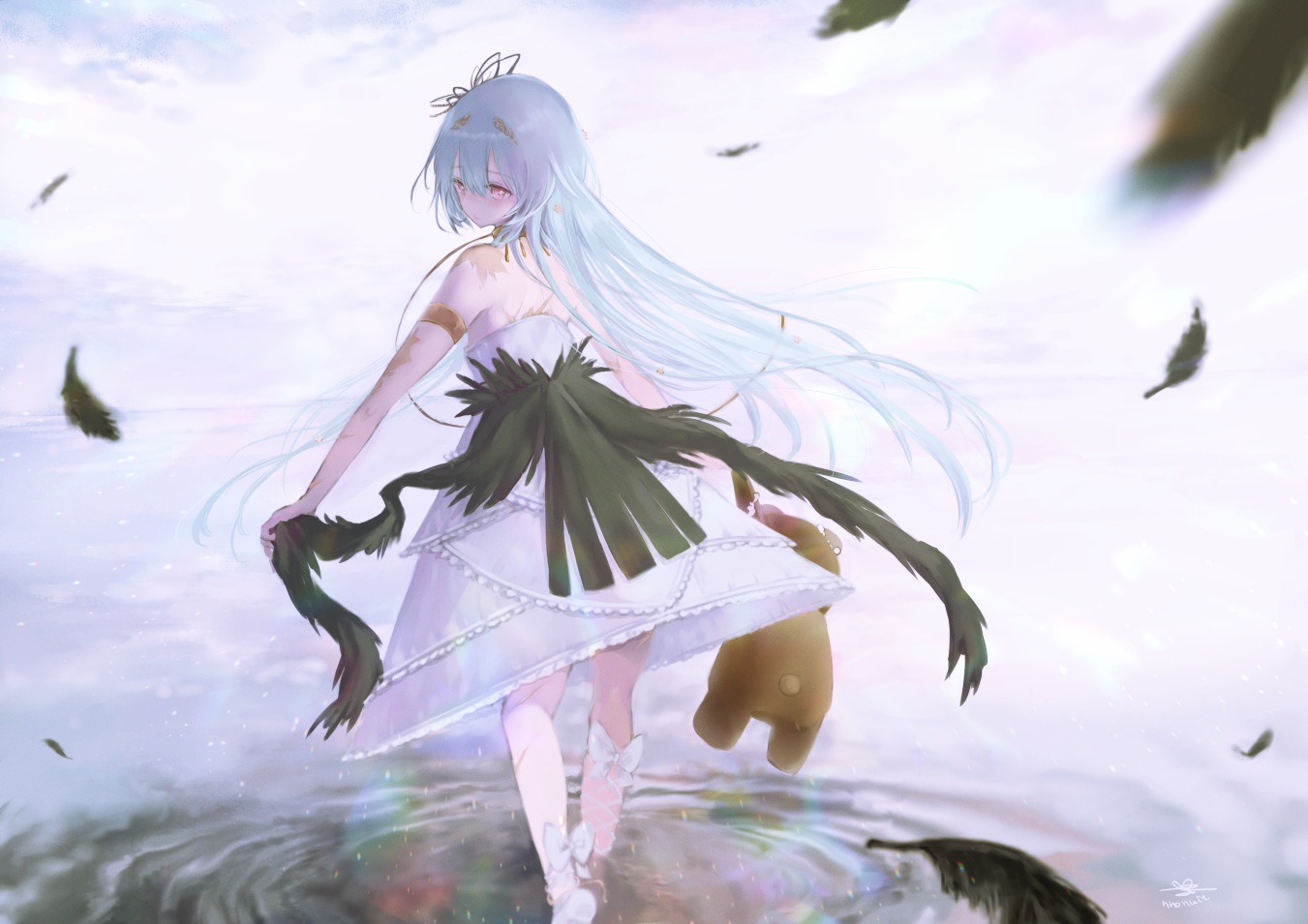 anthropomorphism, dress, feathers, girls_frontline, long_hair, thunder_(girls_frontline), tsunano_(koi_pink)