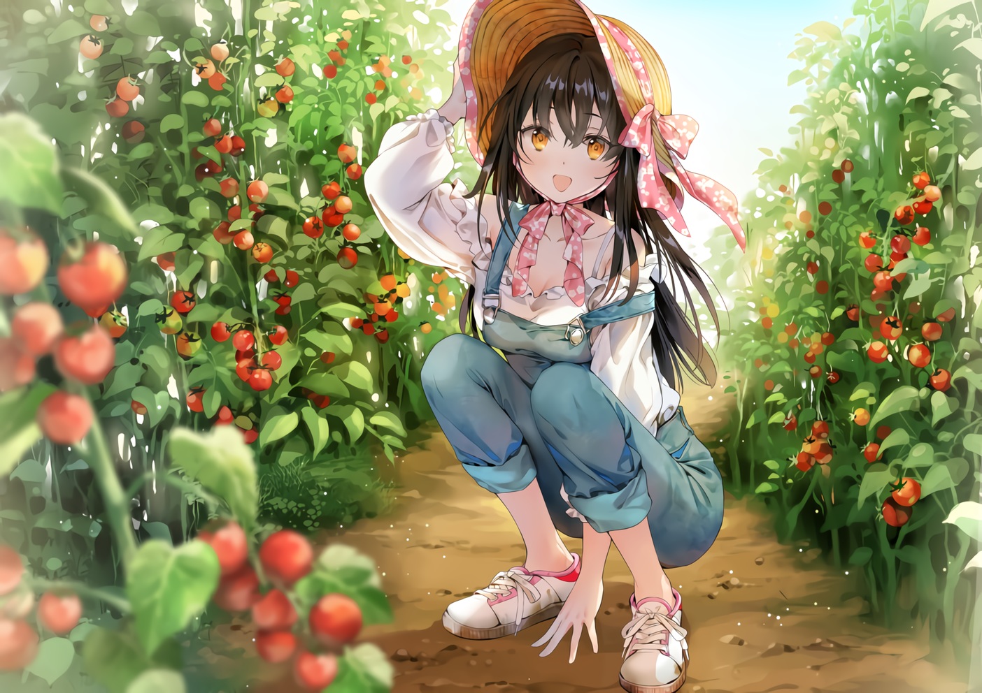 black_hair, breasts, cleavage, food, fruit, hat, ice_(ice_aptx), long_hair
