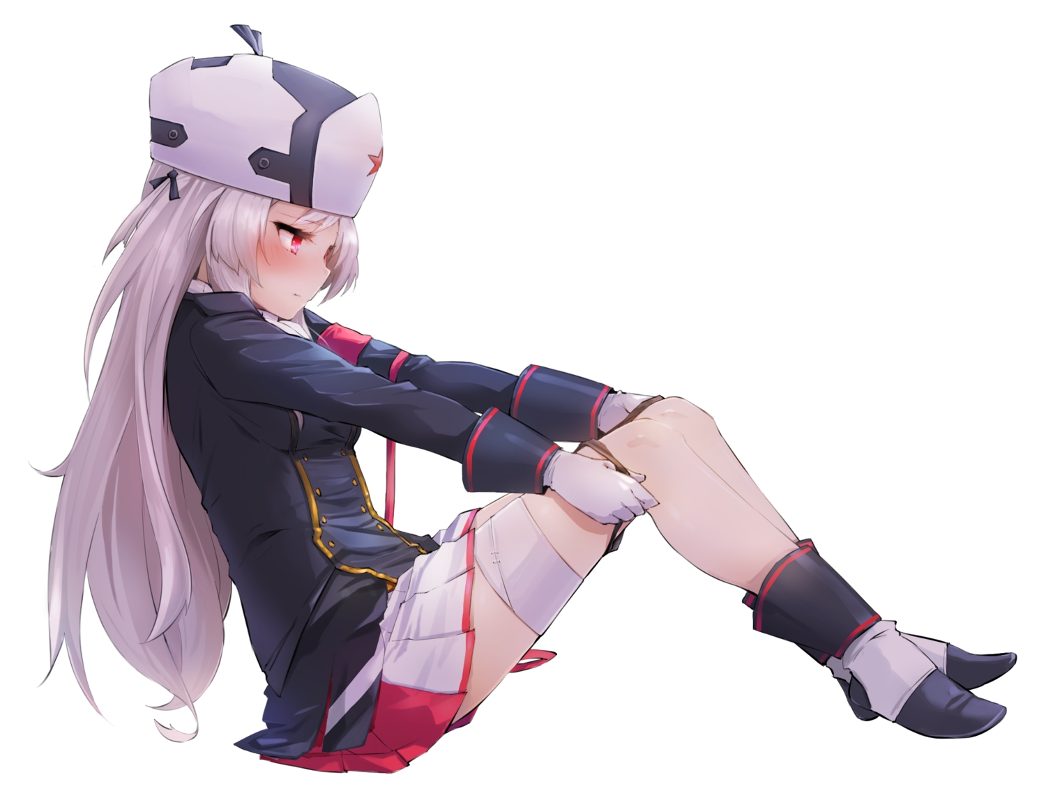 anthropomorphism, ash_arms, bandage, blush, boots, gloves, hat, kv-1_(ash_arms), long_hair, momo_(higanbana_and_girl), red_eyes, skirt, uniform, white, white_hair