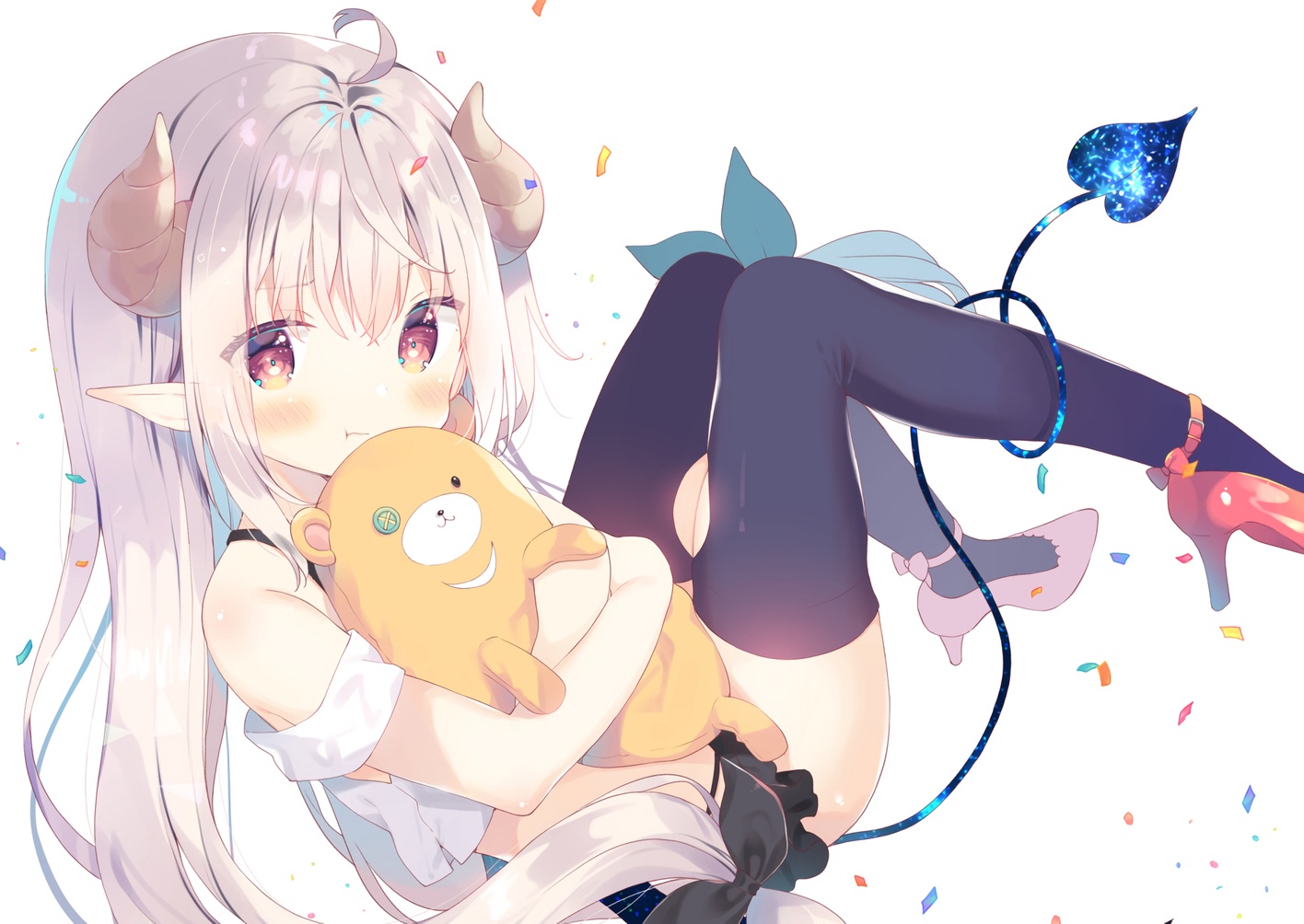 blush, demon, gray_hair, horns, loli, long_hair, original, pointed_ears, red_eyes, tail, teddy_bear, thighhighs, waifu2x, yuizaki_kazuya