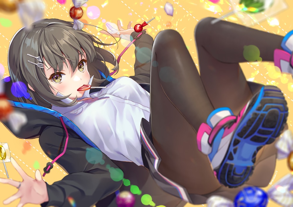 black_hair, brown_eyes, candy, hood, lollipop, ne-on, original, pantyhose