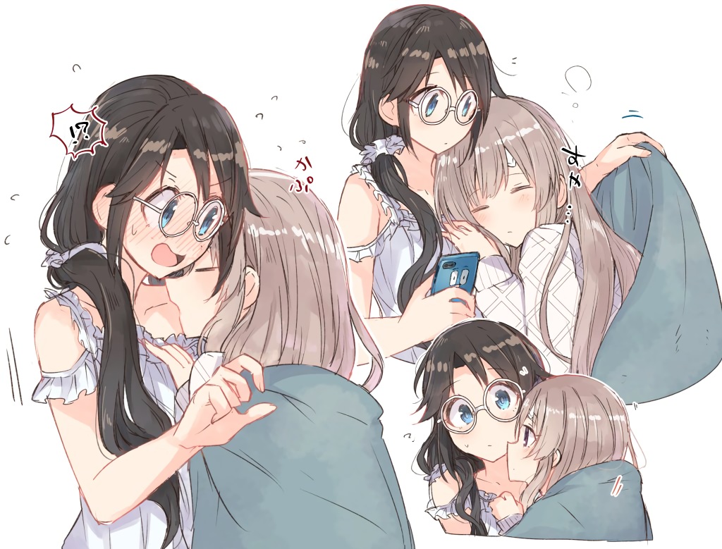 2girls, black_hair, blue_eyes, blush, brown_hair, glasses, hanetsuka, idolmaster
