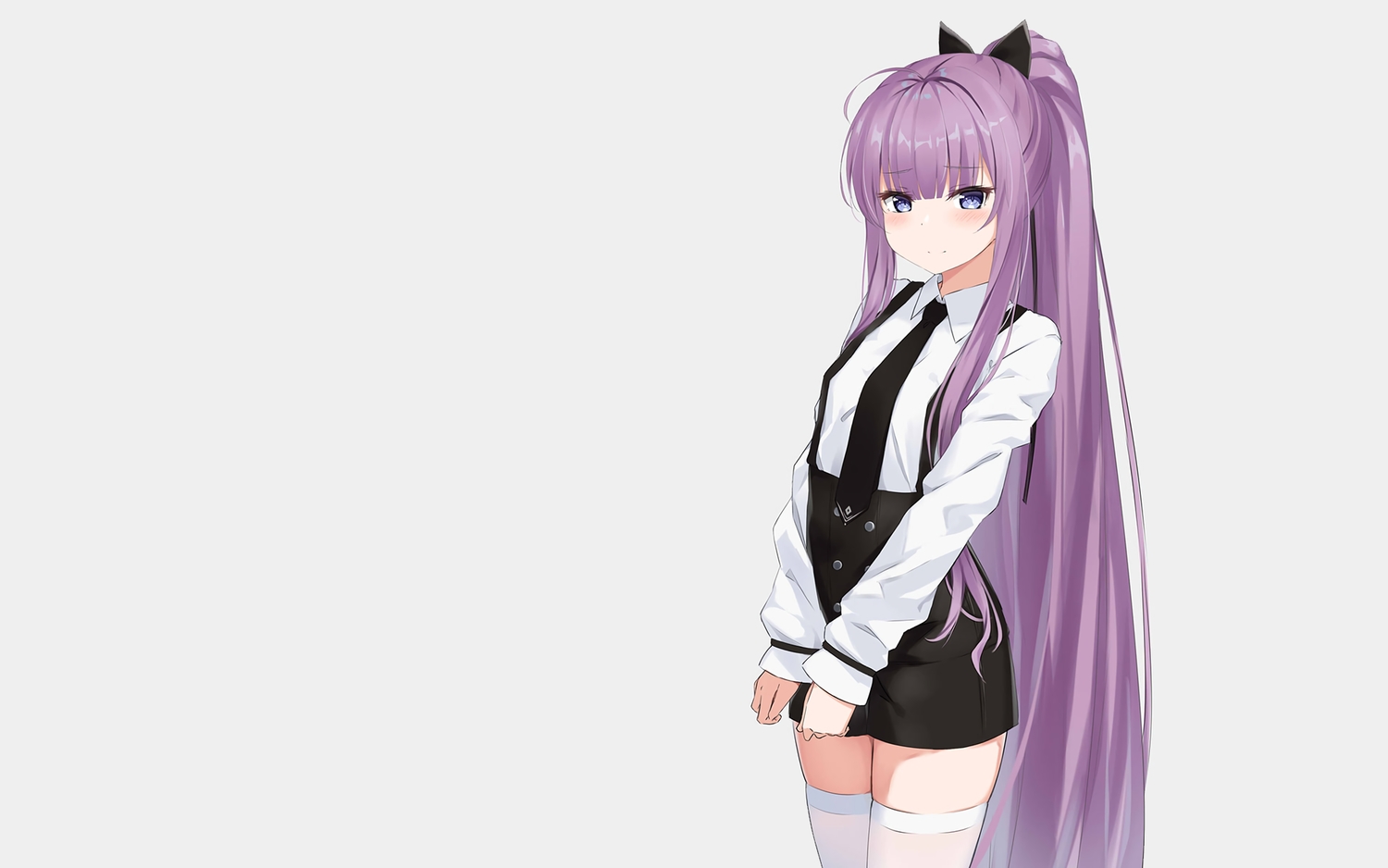 anthropomorphism, azur_lane, blue_eyes, blush, bow, kohakope, long_hair, ponytail, purple_hair, shirt, shorts, tashkent_(azur_lane), thighhighs, third-party_edit, tie, zettai_ryouiki