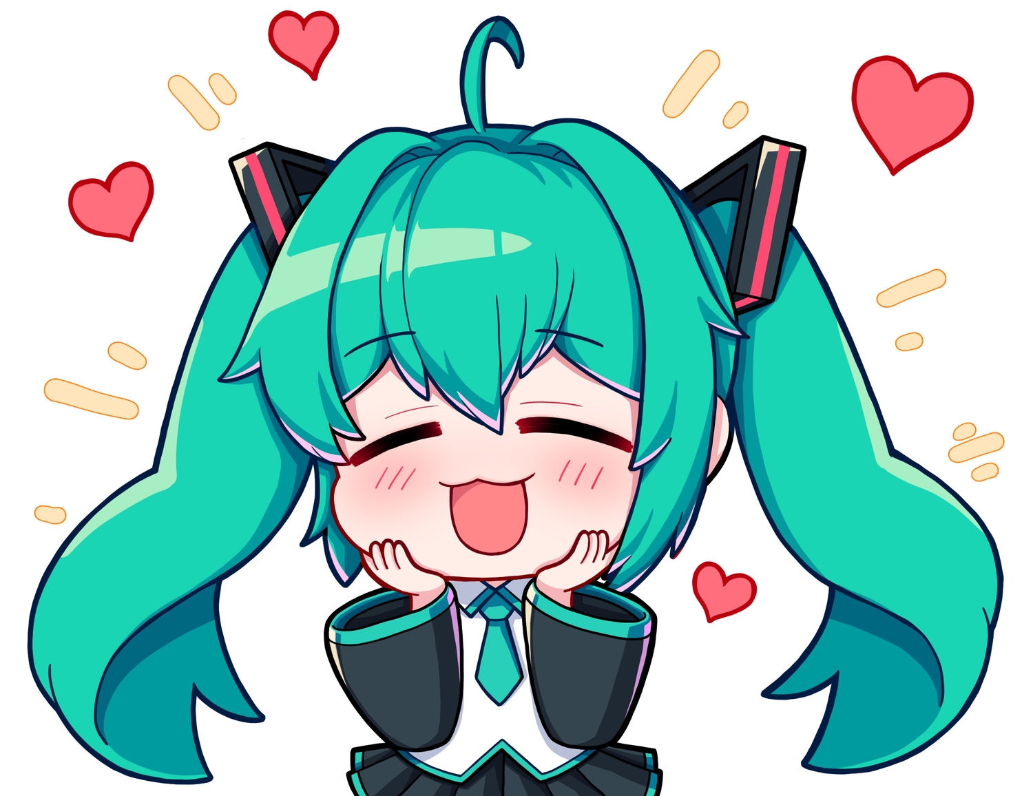 blush, cat_smile, green_hair, hatsune_miku, heart, kk_(aky2374), long_hair, skirt, tie, twintails, vocaloid, white