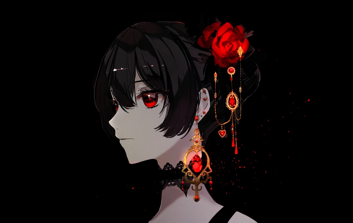 black, black_hair, choker, flowers, headdress, naru_(ul), original, red_eyes, rose