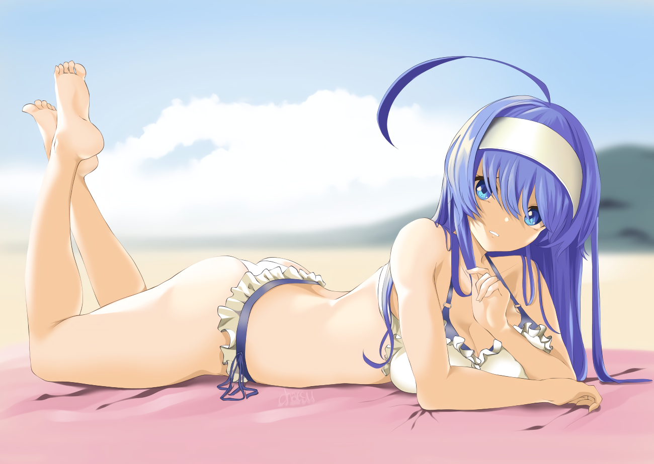 aliasing, ass, barefoot, bikini, blue_eyes, blue_hair, breasts, chaesu, cleavage, headband, long_hair, orie_ballardiae, signed, swimsuit, under_night_in-birth