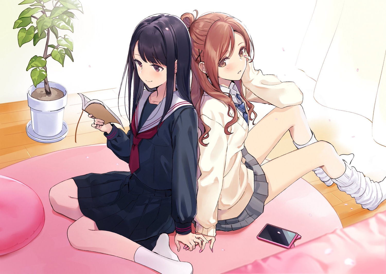 2girls, black_hair, book, brown_eyes, brown_hair, kneehighs, long_hair, original