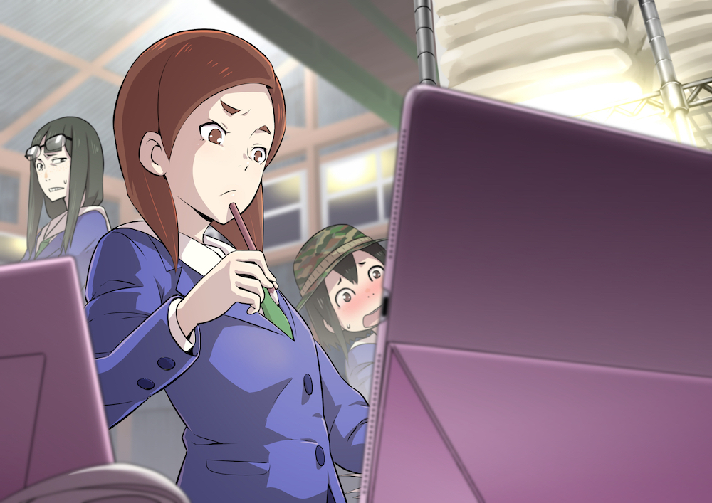 asakusa_midori, black_hair, blush, brown_eyes, brown_hair, computer, eizouken_ni_wa_te_wo_dasu_na!, glasses, hat, kanamori_sayaka, mizusaki_tsubame, short_hair, shungikuten, tie