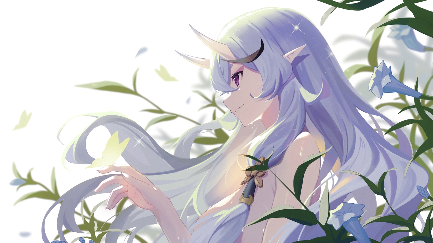 baseness, blue_hair, breasts, butterfly, close, fang, flowers, horns