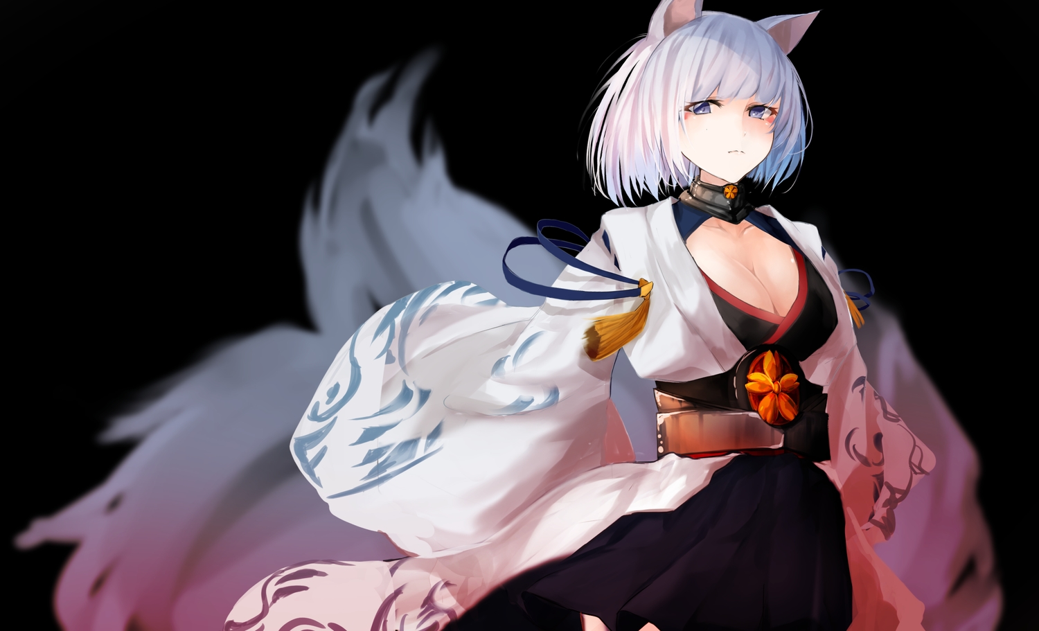 animal_ears, anthropomorphism, azur_lane, black, blue_eyes, breasts, cleavage, japanese_clothes
