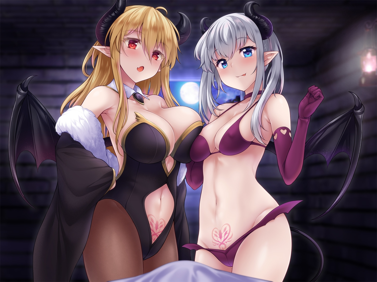 aqua_eyes, blonde_hair, breasts, demon, elbow_gloves, erect_nipples, gloves, gray_hair, horns, long_hair, navel, pantyhose, pointed_ears, red_eyes, succubus, tattoo, uni8, wings