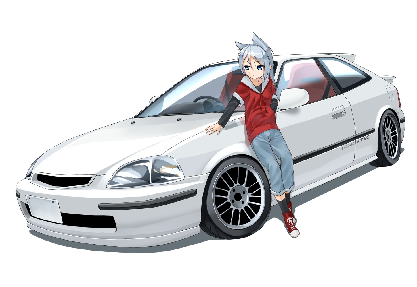 arai_kogane, blue_eyes, car, gray_hair, long_hair, original, white