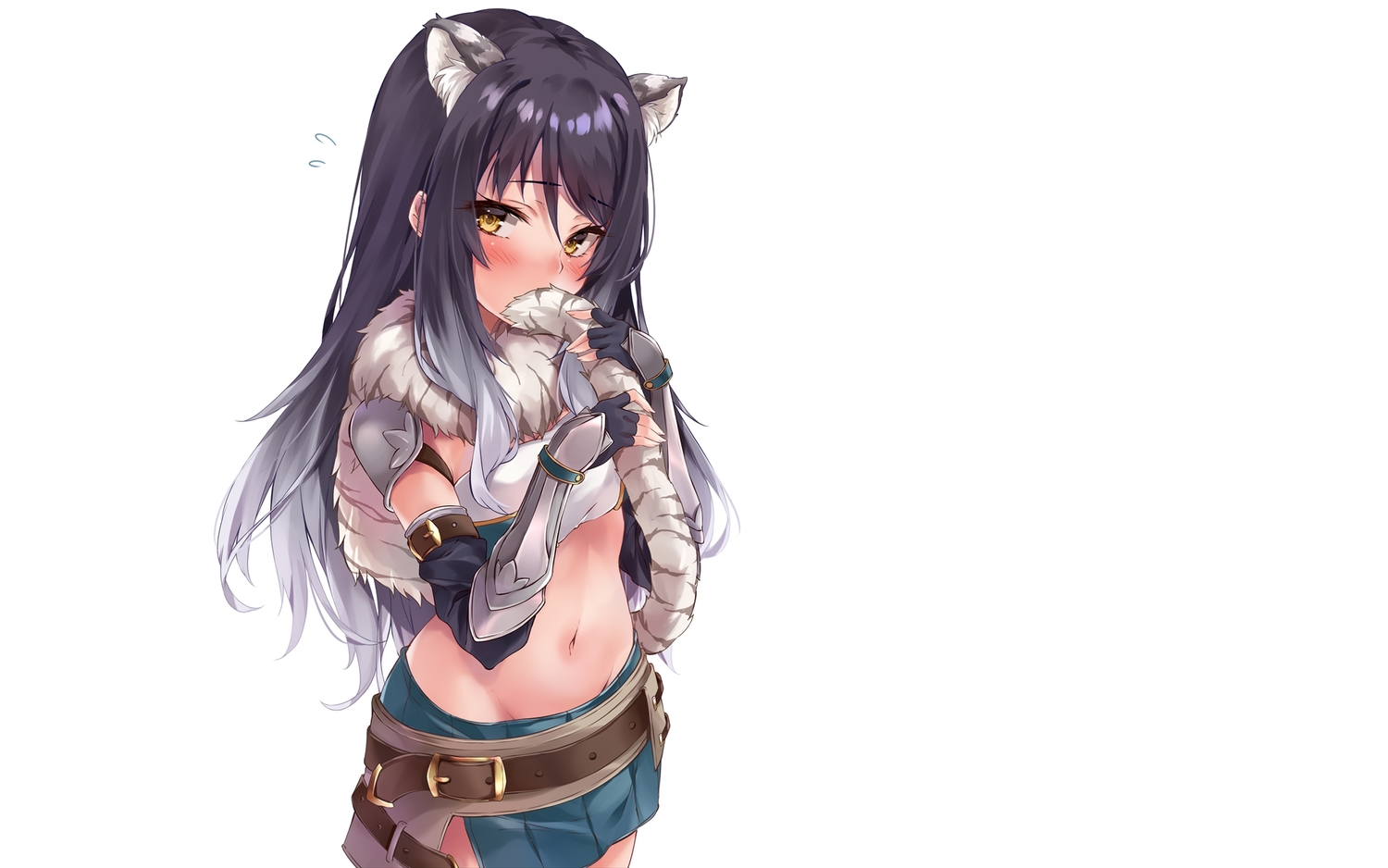 animal_ears, armor, black_hair, blush, brown_eyes, catgirl, elbow_gloves, gloves, kashiwazaki_shiori, long_hair, marisasu_(marisa0904), navel, princess_connect!, skirt, tail, white