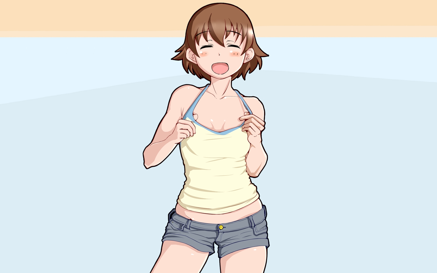 blush, brown_hair, girls_und_panzer, short_hair, shorts, tanaka_rikimaru, third-party_edit, tsuchiya_(girls_und_panzer)