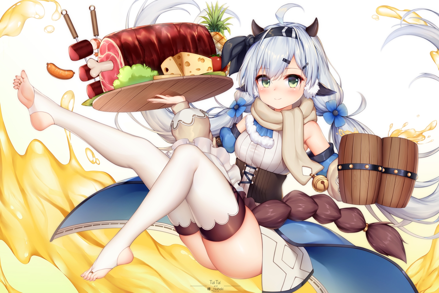 animal_ears, barefoot, blush, dress, drink, food, green_eyes, headband