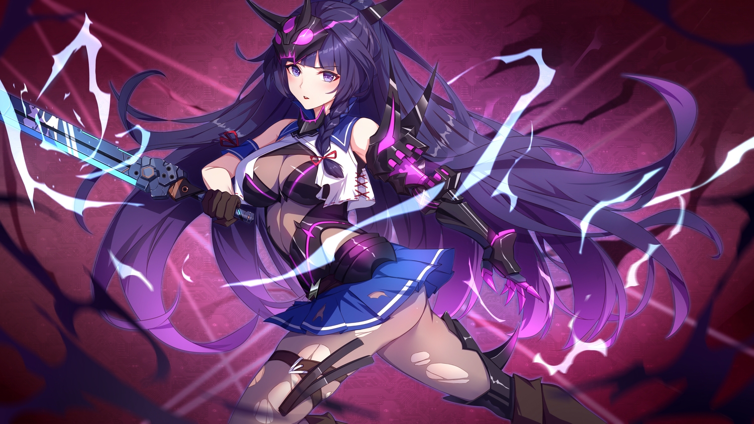 braids, gloves, honkai_impact, honkai_(series), long_hair, purple_eyes, purple_hair, raiden_mei