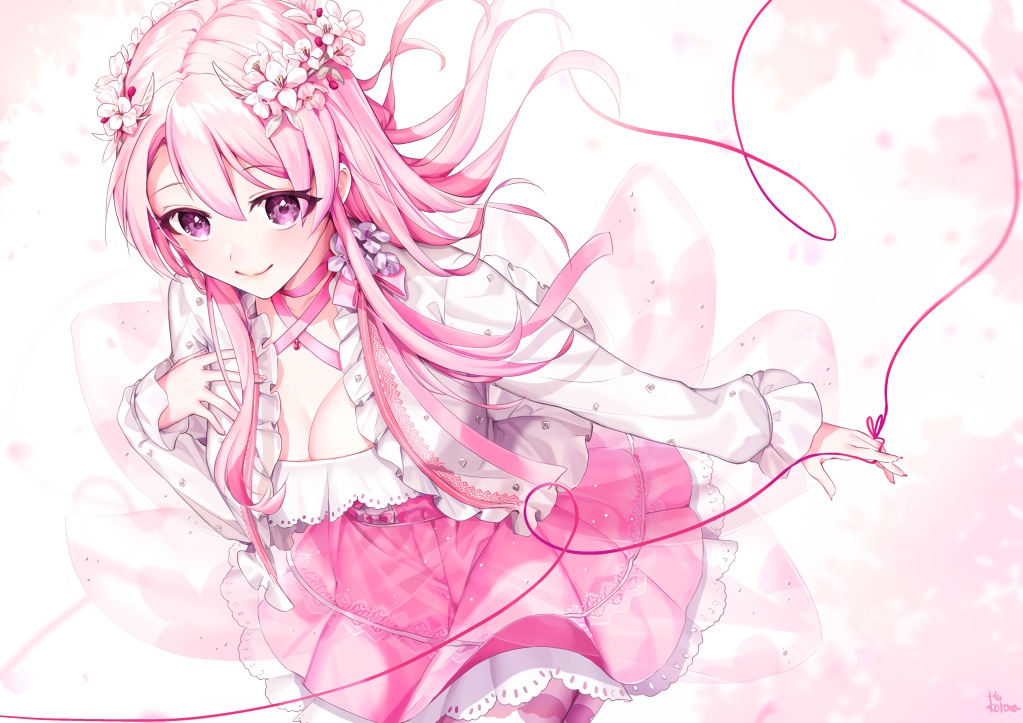 aliasing, blush, breasts, cleavage, dress, flowers, hu_kotora, long_hair