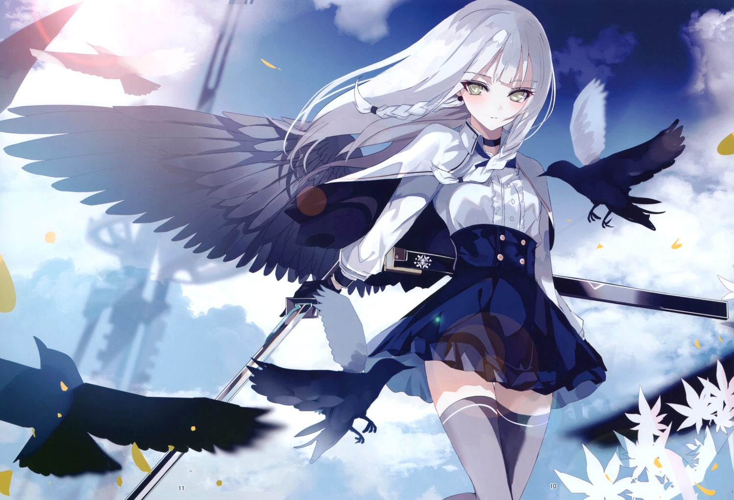 animal, beckzawachi, bird, braids, cape, clouds, flowers, gloves