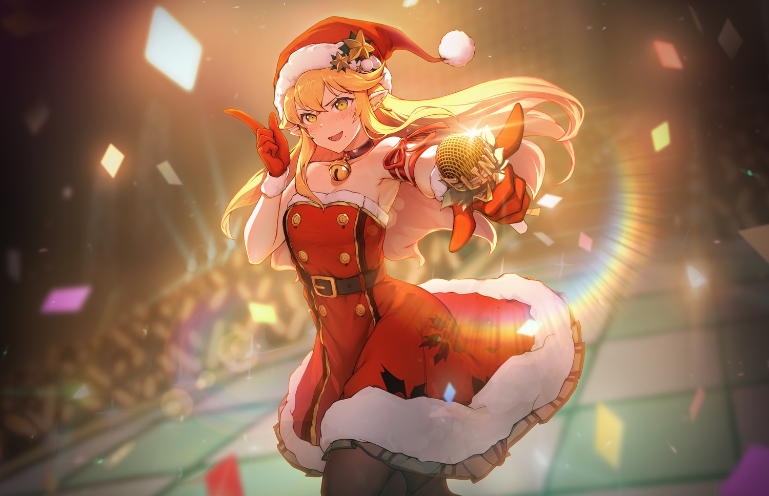 blonde_hair, christmas, dress, long_hair, original, pantyhose, peachpa, pointed_ears