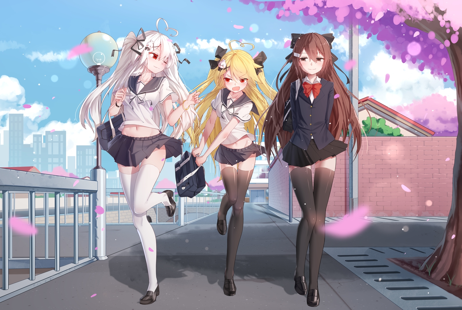blonde_hair, bow, brown_eyes, brown_hair, building, cherry_blossoms, city, flowers, kurohanya_(niliu_chahui), long_hair, niliu_chahui, original, petals, qys3, red_eyes, school_uniform, thighhighs, tokisaki_asaba, tokisaki_mio, tree, twintails, white_hair, zettai_ryouiki