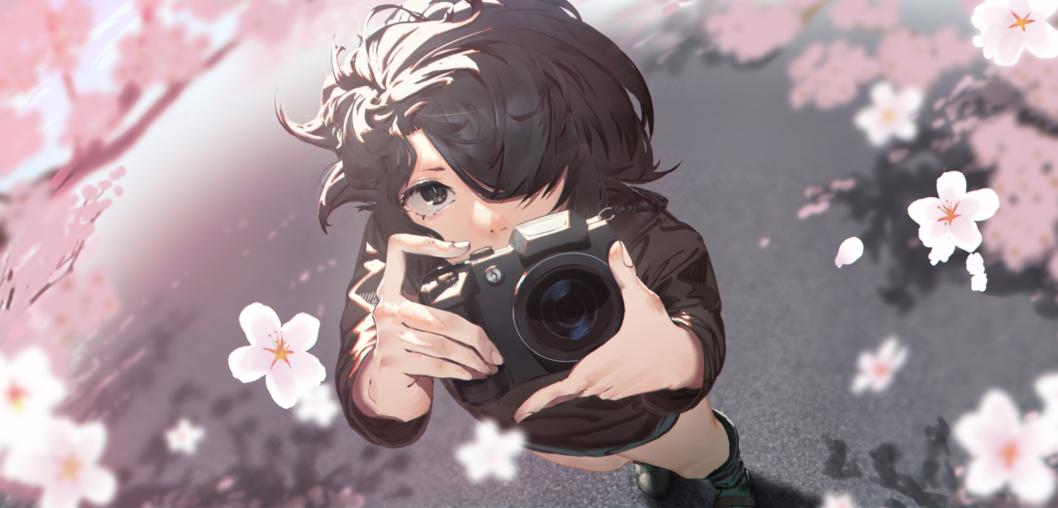 black_eyes, black_hair, camera, cherry_blossoms, close, flowers, namusan1146, original, short_hair