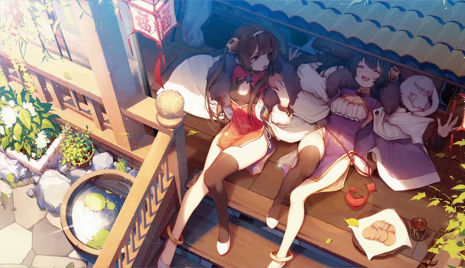 2girls, 909089089, animal, anthropomorphism, azur_lane, brown_hair, cat, chinese_clothes