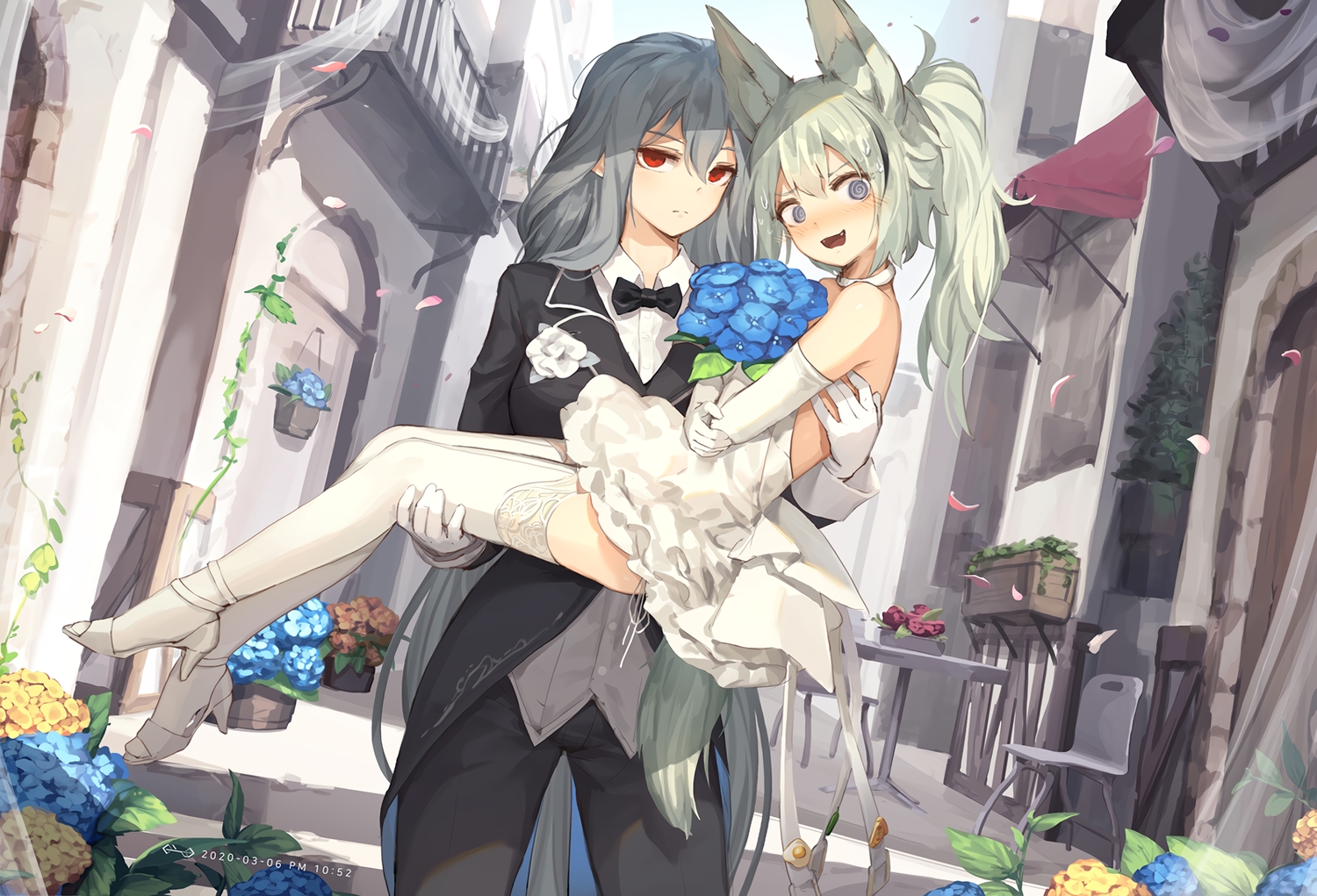 2girls, animal_ears, arknights, blush, building, elbow_gloves, flowers, gloves, grani_(arknights), gray_eyes, gray_hair, green_hair, jakoujika, long_hair, red_eyes, shoujo_ai, skadi_(arknights), wedding, wedding_attire