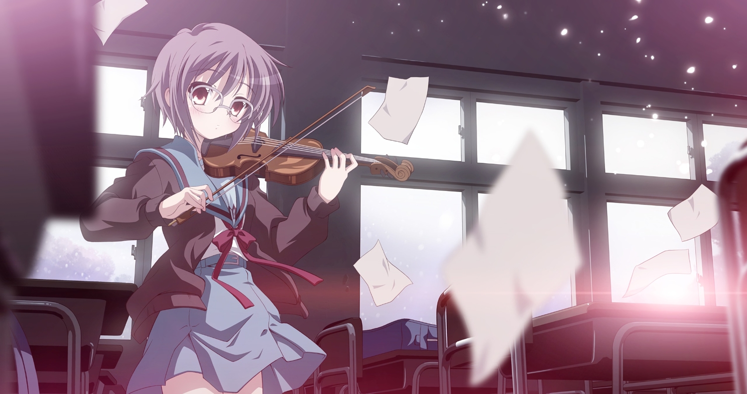 brown_eyes, glasses, instrument, izumi_bell, nagato_yuki, paper, purple_hair, school_uniform
