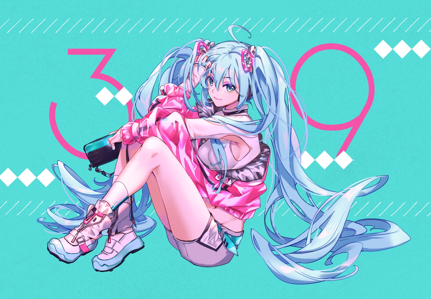 aqua_eyes, aqua_hair, cyan, hatsune_miku, headphones, long_hair, momoko_(momoko14), twintails