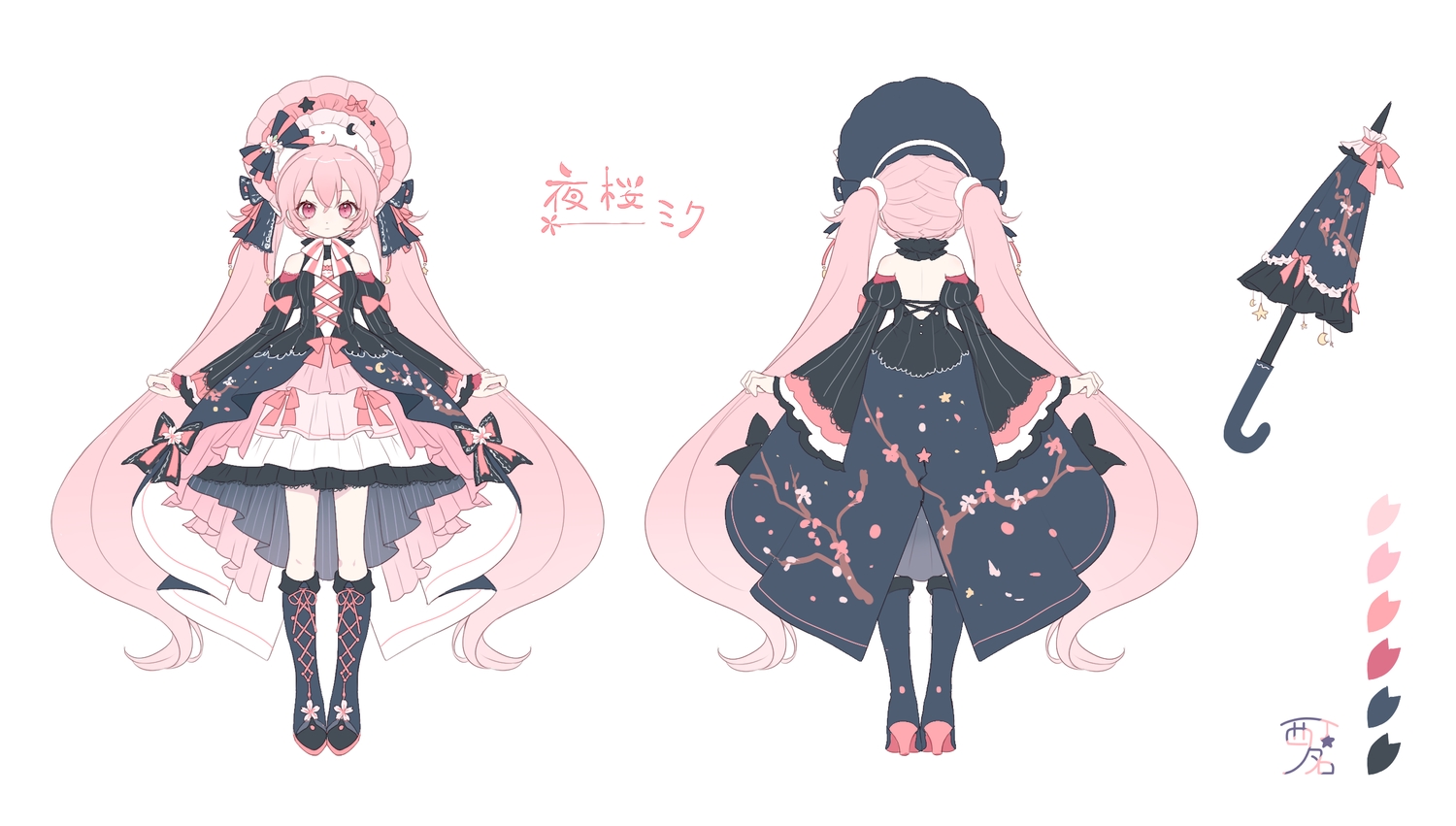 boots, bow, dress, goth-loli, hatsune_miku, headdress, kneehighs, lolita_fashion, long_hair, nishina_hima, pink_eyes, pink_hair, polychromatic, sakura_miku, twintails, umbrella, vocaloid, white