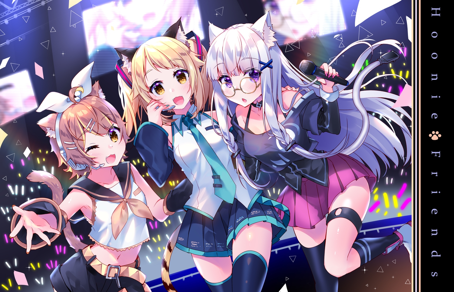 animal_ears, annin_miru, annin_miru_channel, catgirl, cat_smile, cosplay, glasses, gray_hair, hoonie_friends, hoonie_(hoonie_friends), long_hair, orisu_(hoonie_friends), short_hair, tail, thighhighs, twintails, usagihime, vocaloid, yellow_eyes