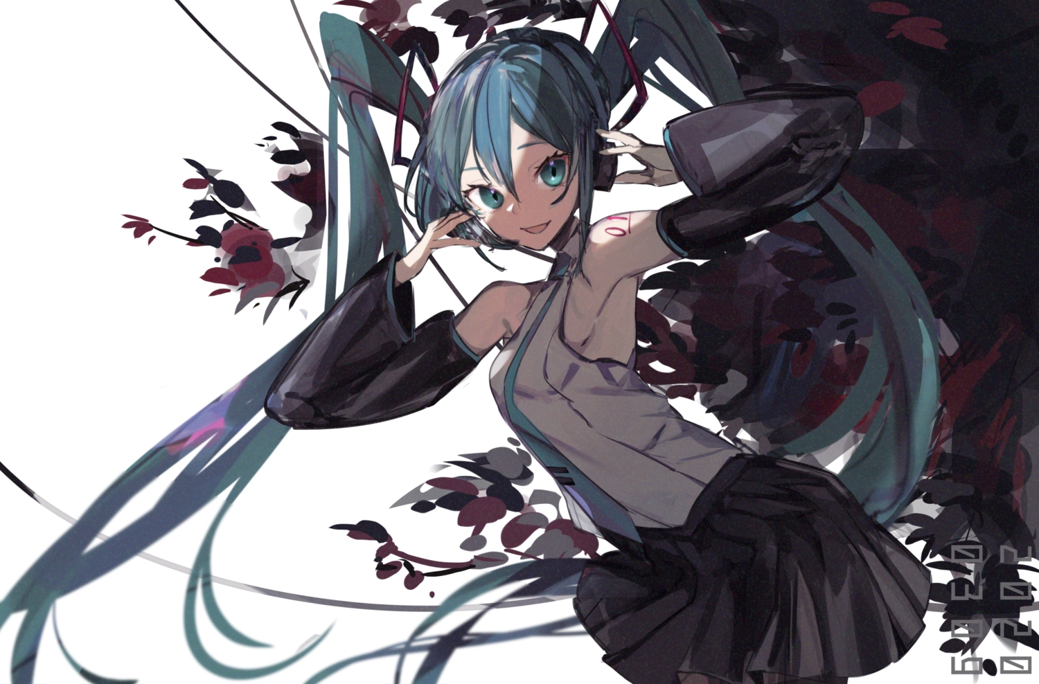 aonogura, blue_eyes, blue_hair, hatsune_miku, headphones, long_hair, microphone, polychromatic, tattoo, thighhighs, tie, twintails, vocaloid