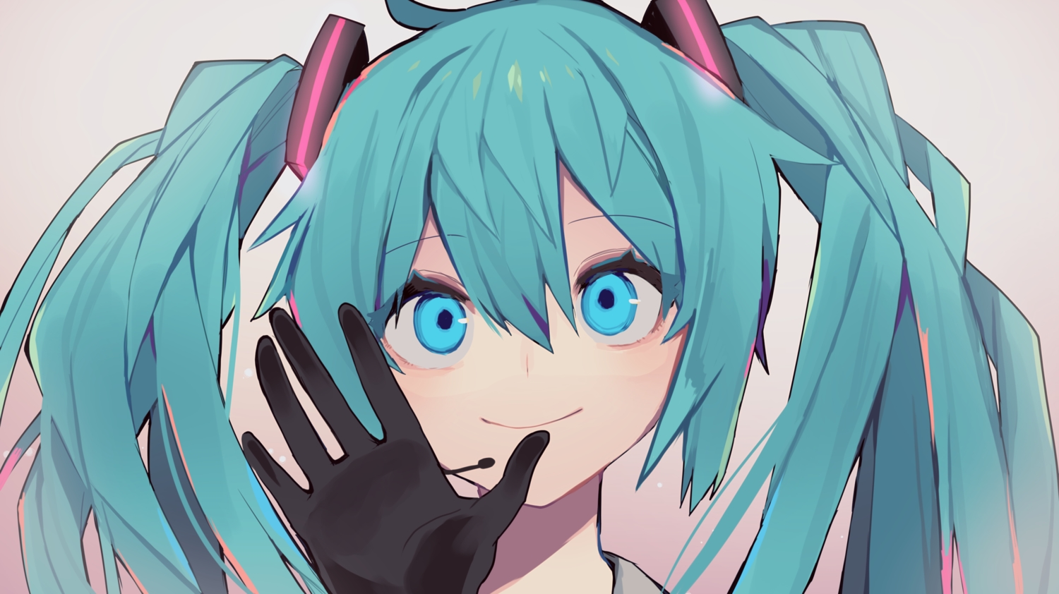 blue_eyes, blue_hair, close, gloves, gradient, hatsune_miku, long_hair, microphone, shitoo, twintails, vocaloid