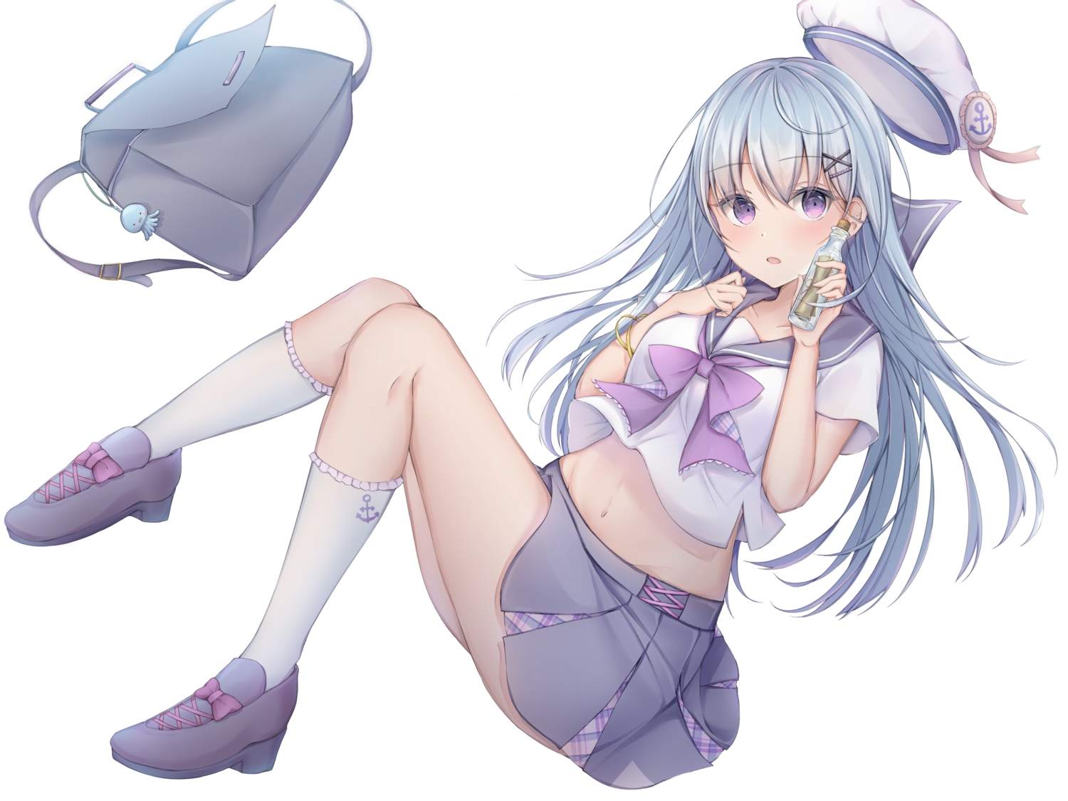 blue_hair, bow, hat, long_hair, navel, original, poe_(528yuzunon), purple_eyes, school_uniform, skirt, white