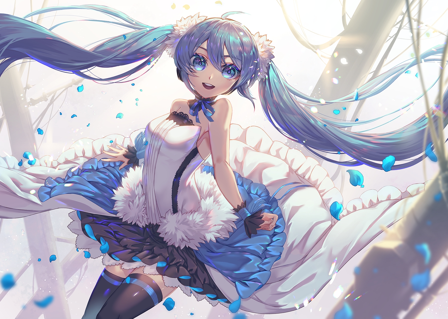 blue_eyes, blue_hair, dress, hatsune_miku, long_hair, petals, raymond_busujima, ribbons
