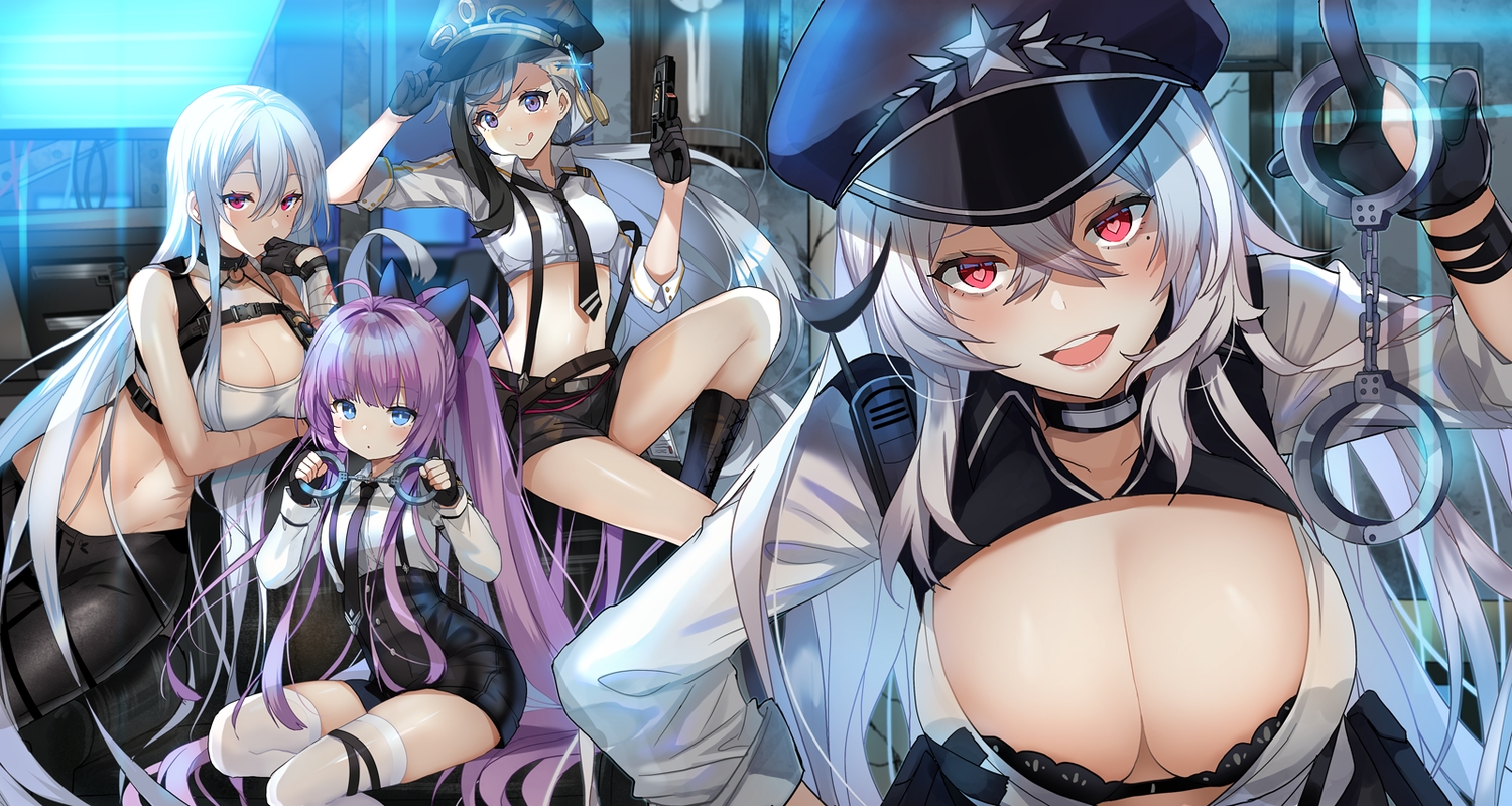 anthropomorphism, azur_lane, bandage, blue_eyes, bra, breast_hold, breasts, cleavage