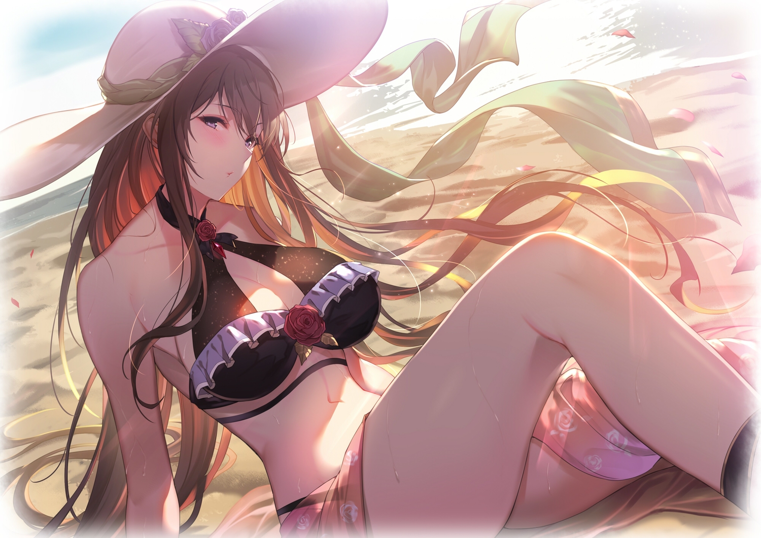 beach, bikini, blush, brown_hair, granblue_fantasy, hat, kakage, long_hair