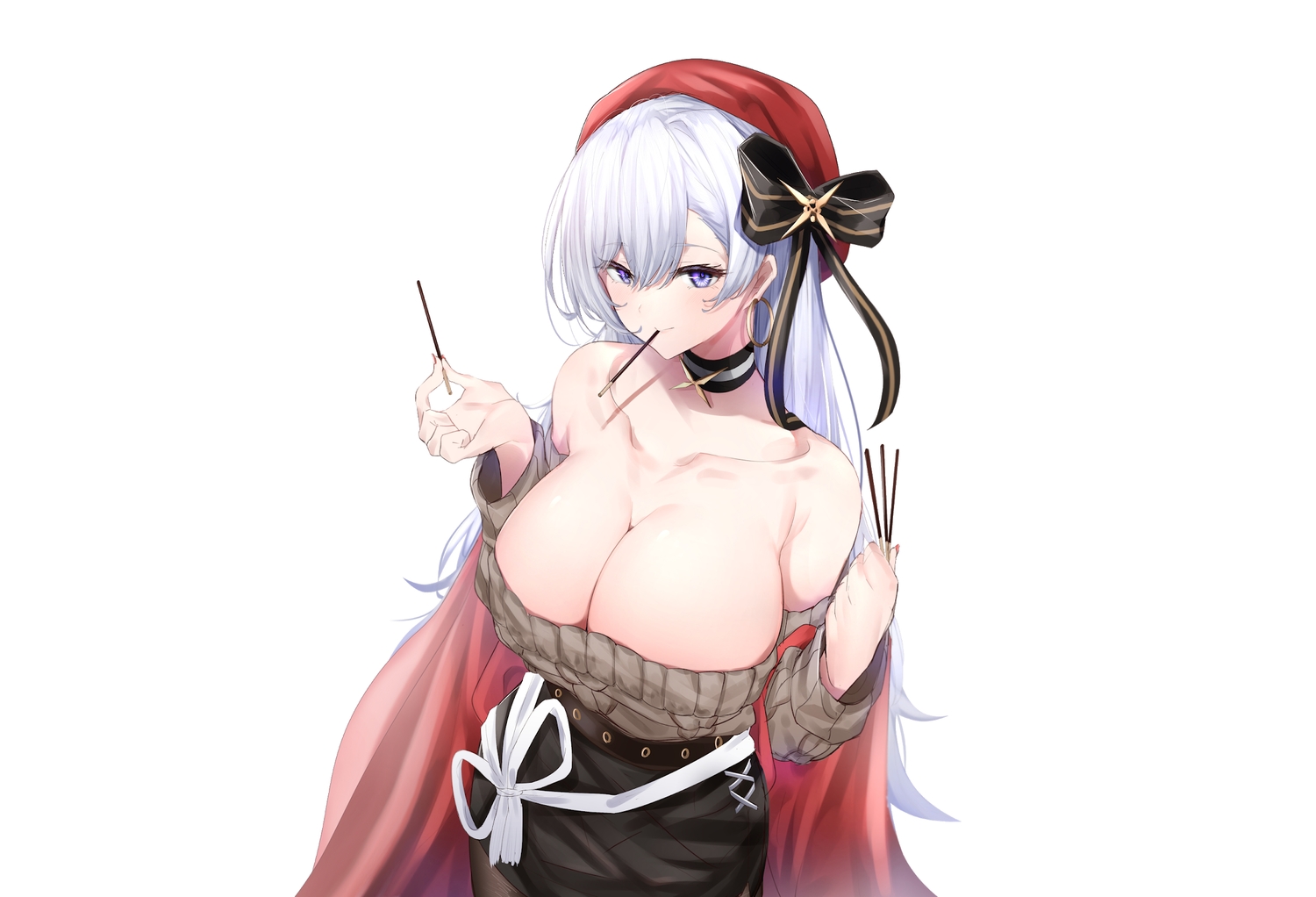 anthropomorphism, azarashi_(azrsot), azur_lane, belfast_(azur_lane), breasts, choker, cleavage, food, hat, long_hair, pocky, purple_eyes, skirt, third-party_edit, white, white_hair