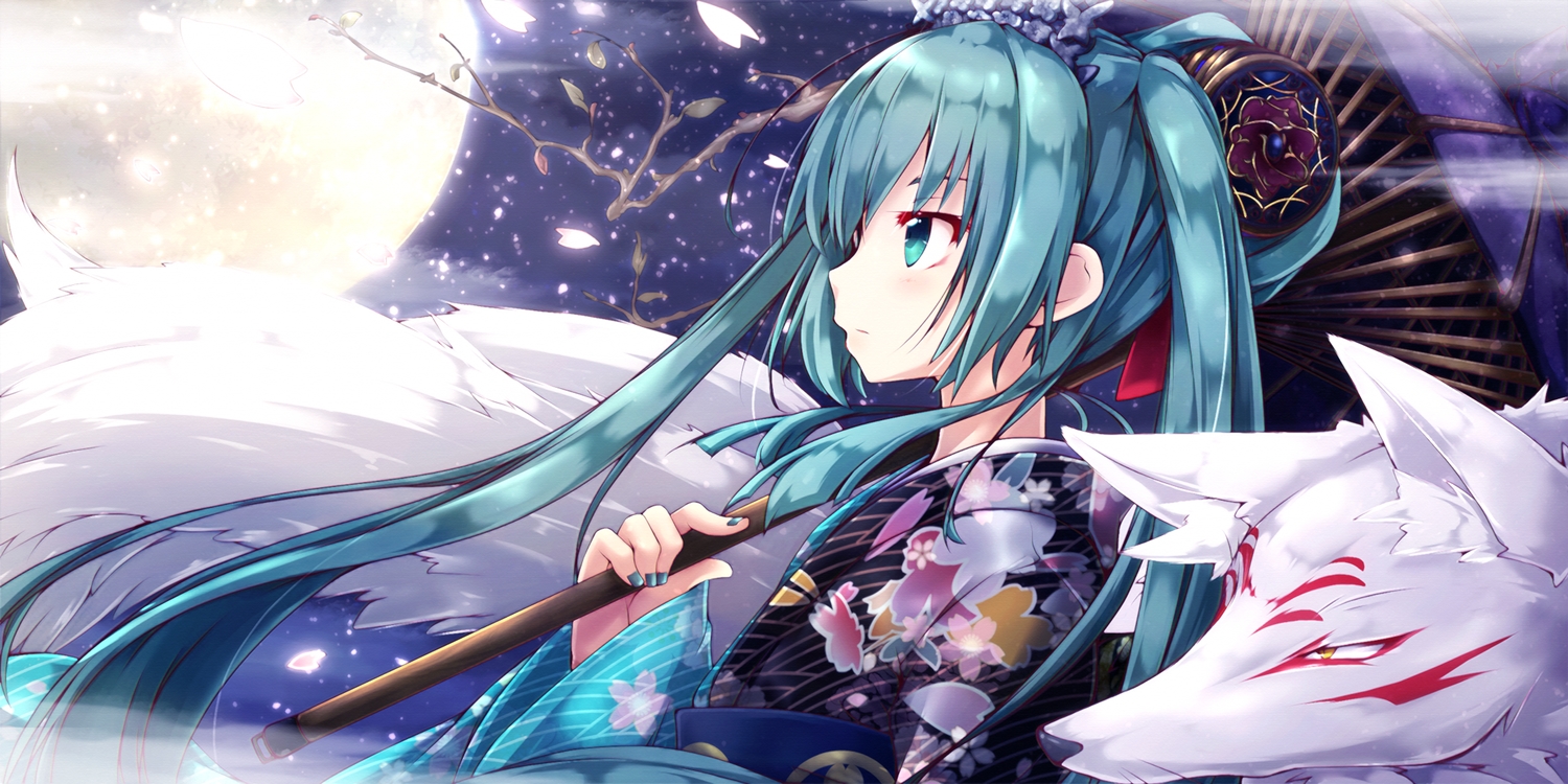 akino_coto, animal, fox, hatsune_miku, japanese_clothes, kimono, moon, umbrella