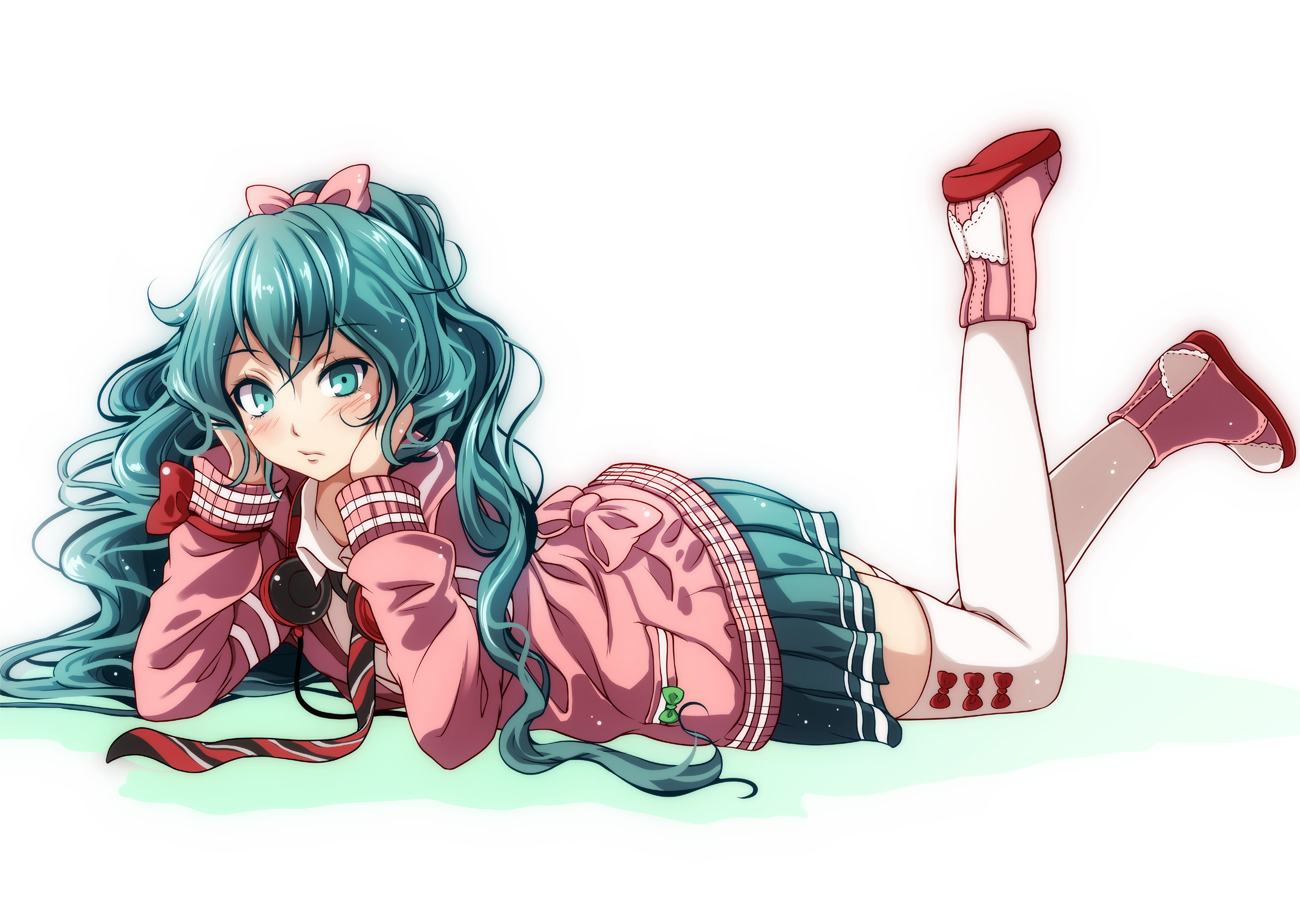 hatsune_miku, headphones, project_diva, school_uniform, thighhighs, tie, tsukishiro_saika, vocaloid