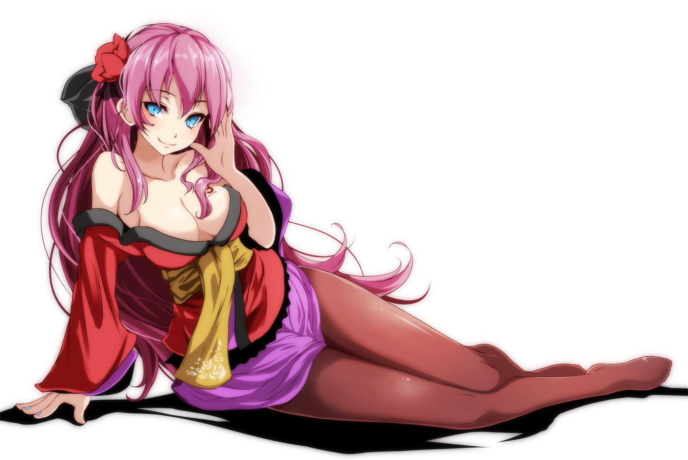 blue_eyes, breasts, cleavage, japanese_clothes, megurine_luka, pantyhose, pink_hair, project_diva